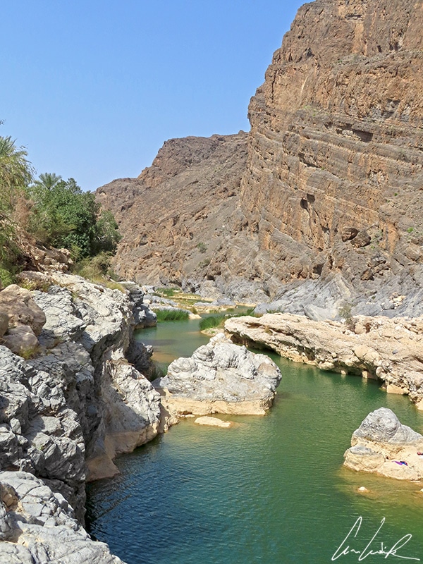 The Wadi Al Arbiyeen is a natural canyon. The ochre color of the rocks surrounds the emerald green waters.