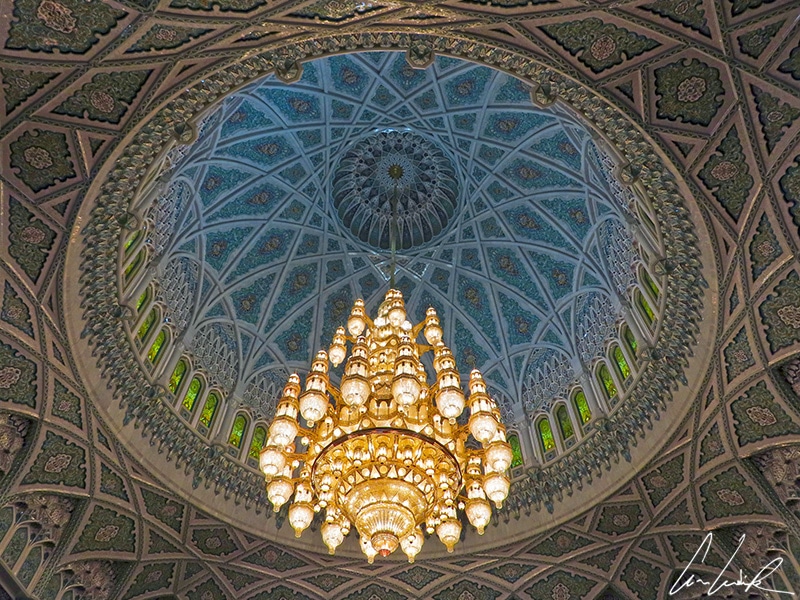 The main chandelier is the most imposing of all. It is suspended from the 165 feet high central dome ornate with muqarnas.