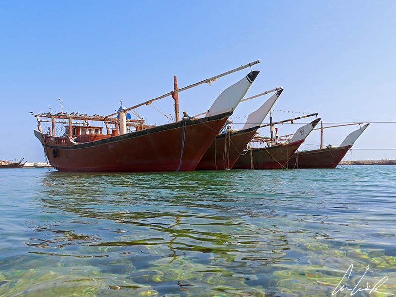 These four dhows parked in the port of Sour are used for fishing. They are rigged with one or more masts each carrying a trapezoidal sail.