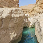 Les gorges du Wadi Bani Khalid sont de plus en plus étroites. Les parois blanches et ocres plongent à la verticale dans les eaux émeraudes.