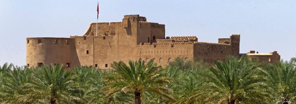 The Jabreen castle is an imposing rectangular building with sandy-colored walls, which stands out against the horizon amidst palm trees.