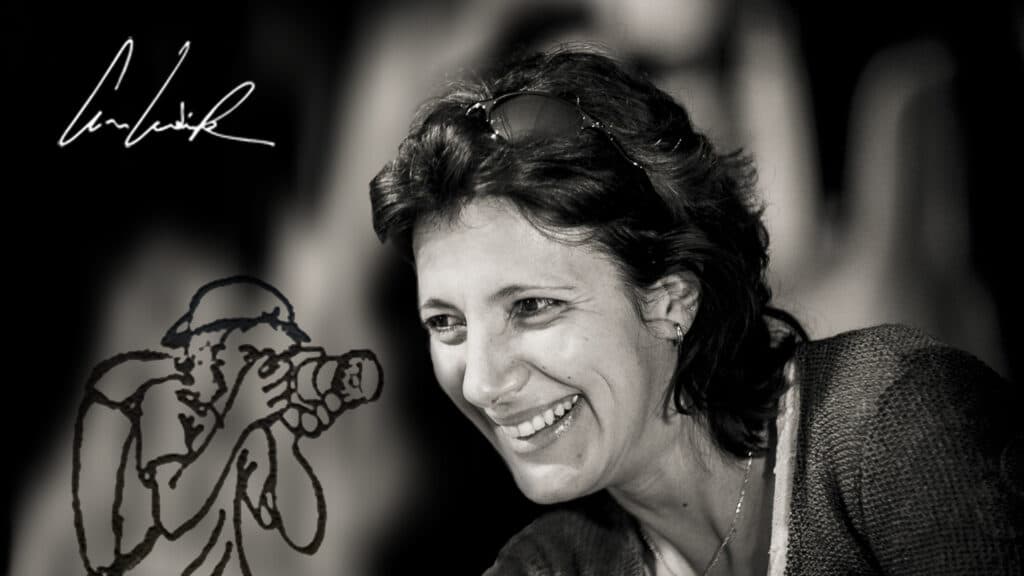A black and white portrait of Celine and her comic traveler alter-ego C-Ludik.