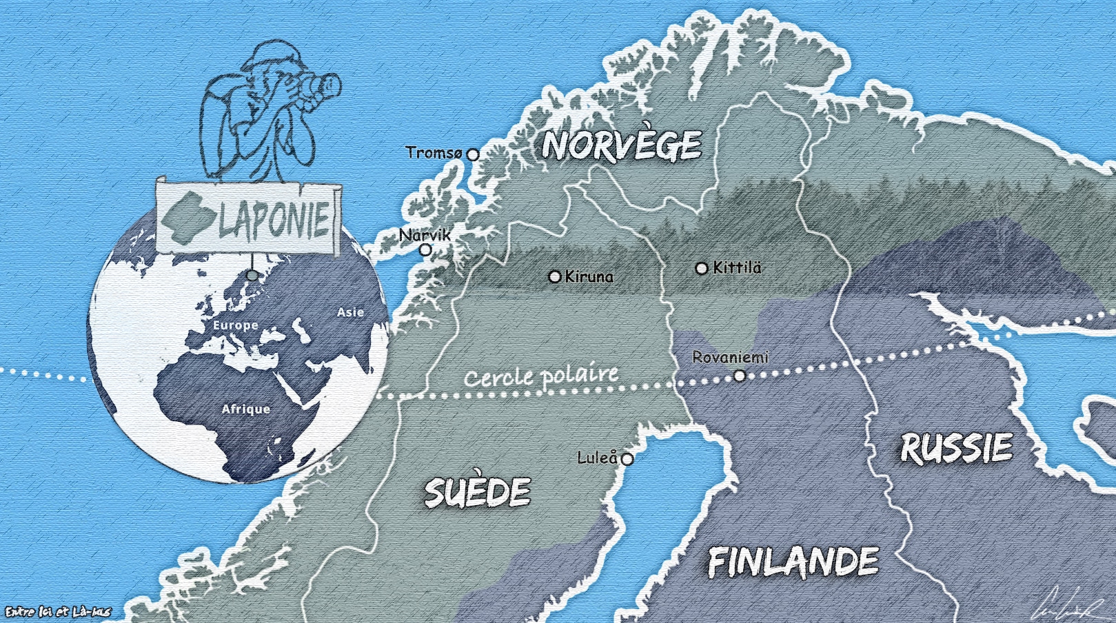 Voici une carte de la Laponie qui n’est pas un pays mais une région arctique s’étendant sur plusieurs pays nord européens: la Finlande, la Norvège, la Suède et la péninsule de Kola en Russie.