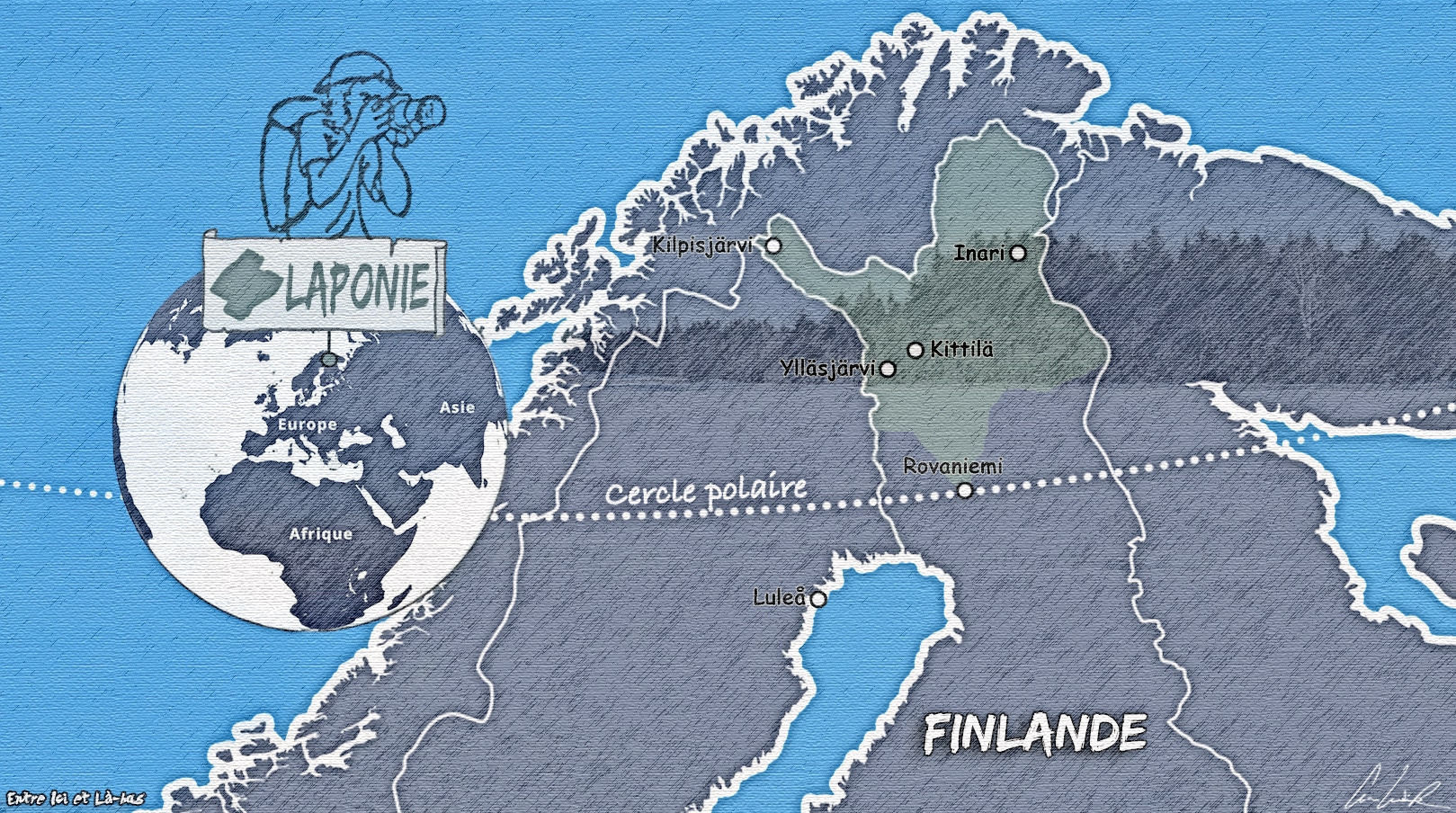 Voici une carte de la Laponie Finlandaise qui s'étend sur environ 100 000 km2 (soit un quart du pays) depuis le nord de la Province d'Oulu. La Laponie finlandaise possède une frontière avec la Russie à l’est, la Suède à l’ouest et la Norvège au nord.