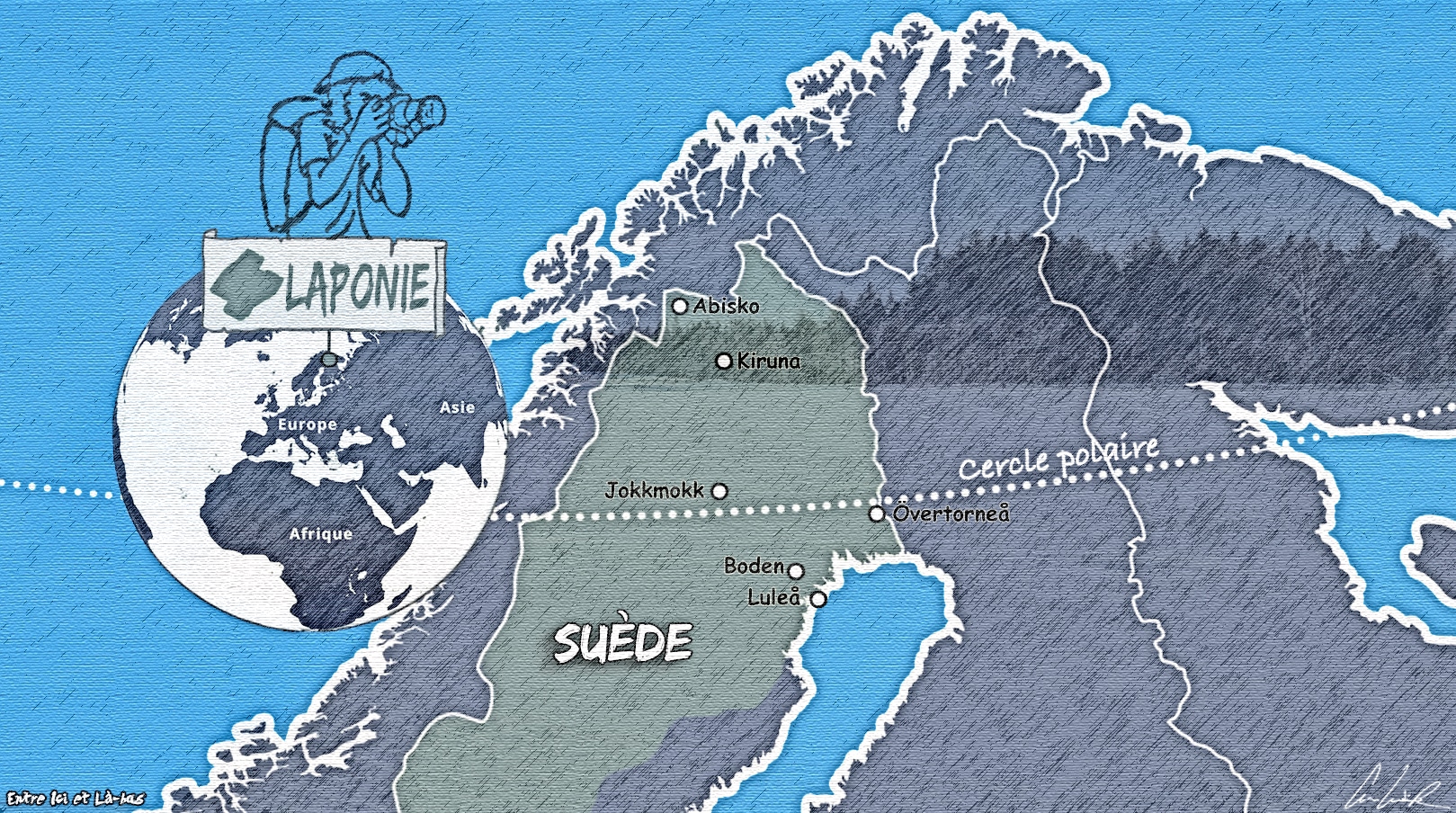 Voici une carte de la Laponie suédoise qui s'étend sur environ 110 000 km2 (soit un quart du pays) depuis Sorsele et Skellefteå, dans la région du Västerbotten, jusqu’aux confins nord de la Suède. La Laponie suédoise est délimitée par les frontières norvégienne et finlandaise au nord