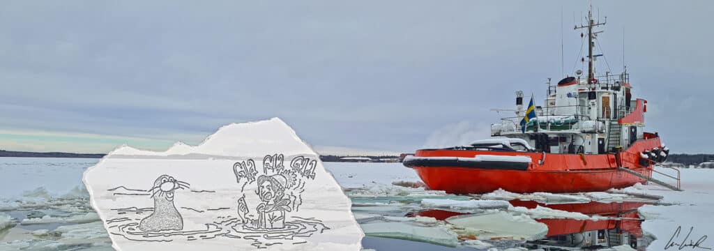 Dessin de C-Ludik se baignant dans la mer gelée de Botnie. Complètement givrée !